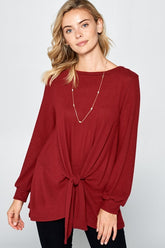 Super Lady Full Size Round Neck Knot Front Hacci Blouse Burgundy OutfitFlow