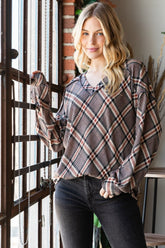 Heimish Plaid Exposed Seam V-Neck T-Shirt Mocha Multi OutfitFlow