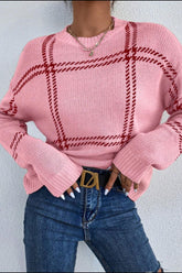 Contrast Round Neck Long Sleeve Sweater Blush Pink OutfitFlow