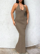 Halter Neck Maxi Bodycon Sweater Dress Khaki OutfitFlow