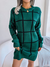 Plaid Round Neck Dropped Shoulder Sweater Dress Dark Green OutfitFlow