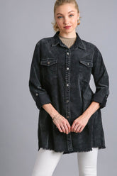 Umgee Raw Hem Button Down Denim Jacket with Chest Pockets Black OutfitFlow