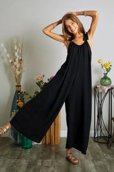 ADORA Full Size Elastic Ruffle Shoulder Jumpsuit Plus Size BLACK OutfitFlow