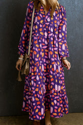 Printed Notched Long Sleeve Dress Purple OutfitFlow