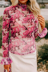 Floral Turtleneck Flounce Sleeve Blouse Pink OutfitFlow