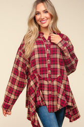 Haptics Plaid Button Down Sharkbite Shirt Burgundy Taupe OutfitFlow