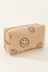 Zenana Smiley Face Corduroy Cosmetic Pouch Beige One Size OutfitFlow