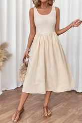 Ribbed Bodice Sleeveless Midi Dress Beige OutfitFlow