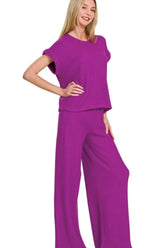 Zenana Rolled Sleeve Top and Pants Sweater Set LT PLUM OutfitFlow