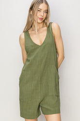 HYFVE V-Neck Sleeveless Romper with Pockets Moss OutfitFlow