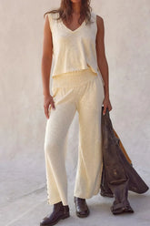 Solid Color Tank Top and Smocked Waist Pants Set Cream OutfitFlow
