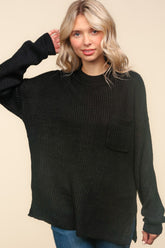 Haptics Mock Neck Side Slit Knit Top Black OutfitFlow