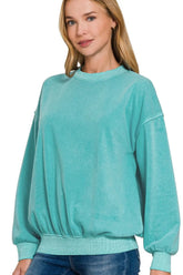 Zenana Soft Fleece Pigment Dye Round-neck Sweatshirts LT TEAL OutfitFlow