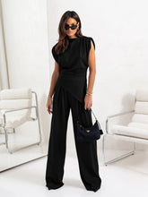 Slit Ruched Top and Wide Leg Pants Set Black OutfitFlow