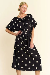 Davi & Dani Polka Dot Puff Sleeves Waist Tie Midi Dress Black OutfitFlow