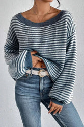 Striped Boat Neck Long Sleeve Sweater Blue OutfitFlow