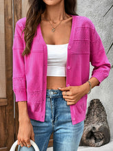 Textured Button-Front Cardigan with 3/4 Sleeves Hot Pink OutfitFlow