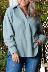 Plus Size Textured Johnny Collar Long Sleeve Sweatshirt Air Force Blue OutfitFlow