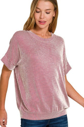 Zenana Corded Rib Short Sleeve T-Shirt DK RED OutfitFlow