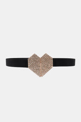 Rhinestone Heart Buckle Elastic Belt Black One Size OutfitFlow