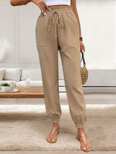 Perfee Tied Elastic Waist Pants with Pockets Tan OutfitFlow