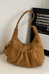 Ruched Suede Handbag with Zipper Caramel One Size OutfitFlow
