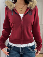 Fur Hooded Zip-Up Jacket Red OutfitFlow