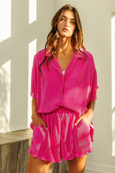 BiBi Pleated Short Sleeve Shirt and Shorts Set Fuchsia OutfitFlow