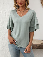Mandy V-Neck Ruffle Half Sleeve Top Sage OutfitFlow