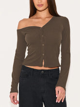 Asymmetrical Neck Button Up Cardigan Coffee Brown OutfitFlow