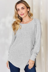 Basic Bae Full Size Ribbed Round Neck Slit T-Shirt Light Gray OutfitFlow