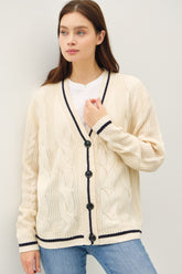 Be Cool Contrast Trim Cable-Knit V-Neck Cardigan Natural OutfitFlow