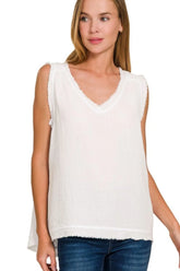 Zenana Double Gauze Raw Edge V-Neck Tank WHITE OutfitFlow