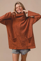 BiBi Piper Rib Double Pocket Turtle Neck Sweater RUST OutfitFlow