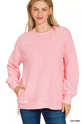 Zenana Full Size Acid Washed Double Ribbed Hi-low Sweatshirt Plus Size DK PINK OutfitFlow