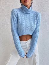 Cable-Knit Turtleneck Long Sleeve Sweater Light Blue OutfitFlow