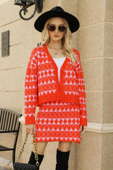 Geometric Button Front Cardigan and Skirt Set Red OutfitFlow