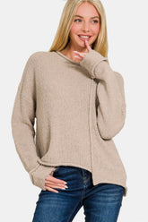 Zenana Asymmetric Hem Drop Shoulder Sweater Ash Mocha OutfitFlow