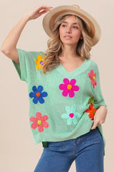 BiBi Flower Patches Dolman Sleeve Lightweight Sweater SAGE OutfitFlow