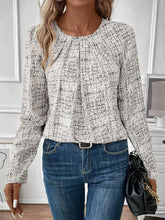 Ruched Round Neck Long Sleeve Blouse White OutfitFlow