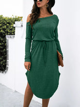 One-Shoulder Long Sleeve Midi Dress with Drawstring Waist Dark Green OutfitFlow