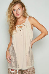 POL Lace Up Crochet Lace Tank Beige OutfitFlow
