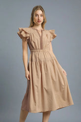 Umgee Ruffled Cap Sleeve Midi Dress with Contrast Trim Detail Tan OutfitFlow