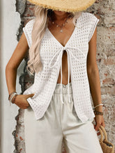 Tied Front Openwork V-Neck Knit Top Ivory OutfitFlow