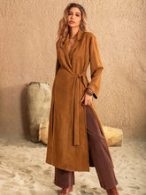 Slit Tied Collared Neck Longline Coat Caramel OutfitFlow