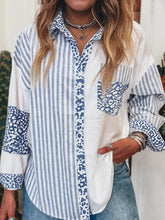 Striped Patchwork Button Down Shirt with Leopard Print Details Light Blue OutfitFlow