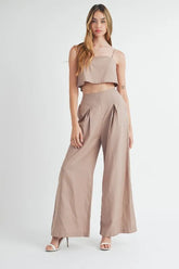 MABLE Linen Mix Crop Cami and Wide Leg Pants Set Mocha OutfitFlow