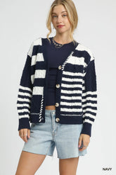 Umgee Cable-Knit Stripe Button-Up Cardigan Navy OutfitFlow