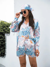 Printed Button Up Long Sleeve Shirt and Shorts Set Sky Blue OutfitFlow