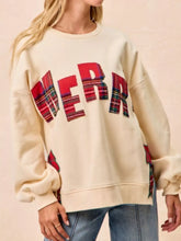 MERRY Bow Slit Crew Neck Christmas Sweatshirt Cream Trendsi